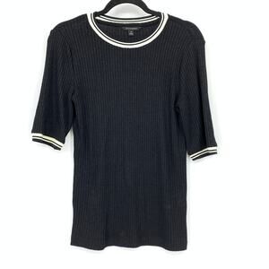 Banana Republic Short Sleeve Sweater Tee Womens Size M Black Cream Ringer Collar